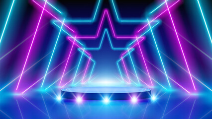 Glowing neon lines, star shaped led arcade, podium, stage light, tunnel. Pink blue purple corridor glowing neon arch, stars. Abstract technology background. Bright stage light. Vector illustration