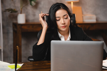 professional businesswoman entrepreneur working in confident to corporate business with online cyberspace technology, Asian woman using laptop computer on desk office, businessperson job to successful