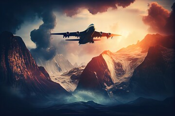cargo plane flying over mountain range, with dramatic clouds and sunlight, created with generative ai