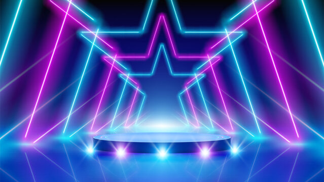Glowing neon lines, star shaped led arcade, podium, stage light, tunnel. Pink blue purple corridor glowing neon arch, stars. Abstract technology background. Bright stage light. Vector illustration