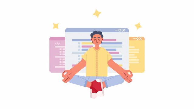 Animated become programmer expert. Improving programming skills. Coder meditating. 2D cartoon flat character 4K video footage on white with alpha channel transparency. Concept animation for web design