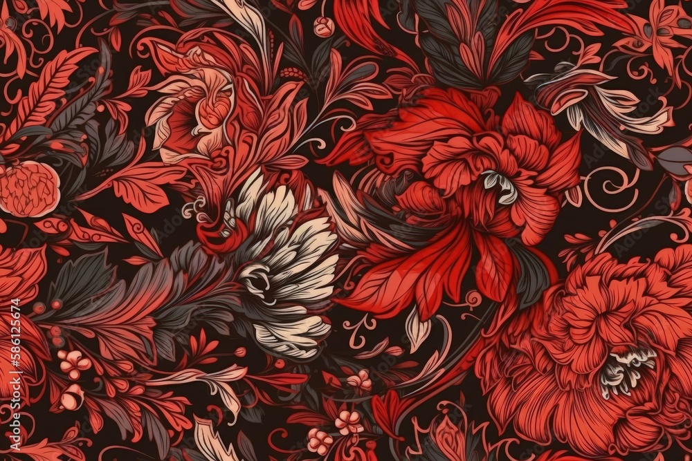 Poster black background with red and black floral pattern created with generative ai technology