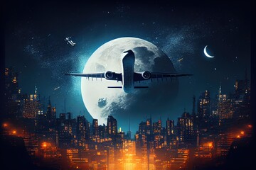 cargo plane flying over cityscape at night, with bright moon and stars shining in the sky, created with generative ai