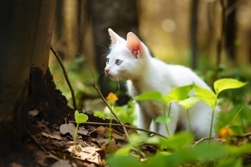 white kitten in the forest - illustration