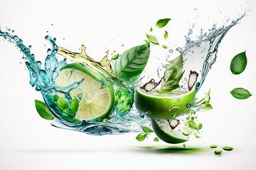 A cut and a whole lime in the air in the water with drips and splashes on a white background. Generative AI.