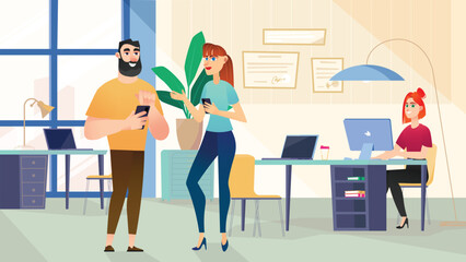 Office concept with people scene in the background cartoon style. Employee works while two managers discuss future plans in the office. Vector illustration.