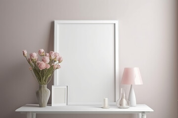 White modern frame mockup in interior with roses flowers, candels and desk lamp on empty neutral white wall background