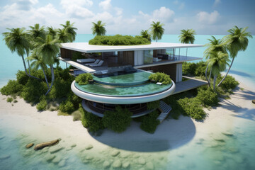 Fototapeta na wymiar Generative AI luxury house with swimming pool and sea views