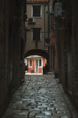 Historic city postcard view - beautiful narrow street of medieval Rovinj Croatia