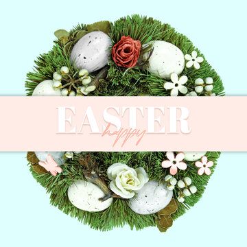 Happy Easter. Easter eggs in bird nest with flowers and butterflies from wood. Trendy social mock-up or wallpaper.