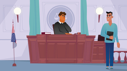 Judge's hall concept with people scene in the background cartoon design. Judge waiting for the court session to start. Vector illustration.