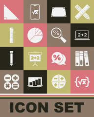 Set Square root of x glyph, Office folders, Chalkboard, Acute trapezoid shape, Pie chart infographic, Ruler, Triangle math and Magnifying glass with percent icon. Vector