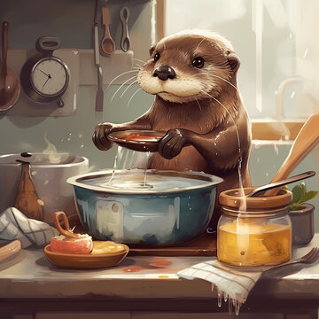 otter, cooking, cartoon, bear, animal, illustration, vector, teddy, cook, kitchen, love, fun, character, chef, toy, pig, food, hat, baby, child, brown, smile, funny, kid, comic, boy, raccoon, mammal, 