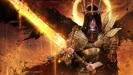 A beautiful black angel girl in a hood is equipped with plate armor, holds a huge heavy two-handed fire sword, a large golden pointed crown on her head, she has black wings. clean looped 2d animation - Powered by Adobe