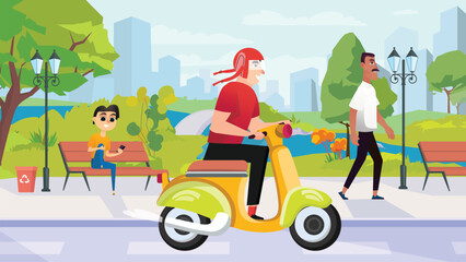 Park concept with people scene in the background cartoon style. People walk in the park, sit on benches and ride mopeds. Vector illustration.