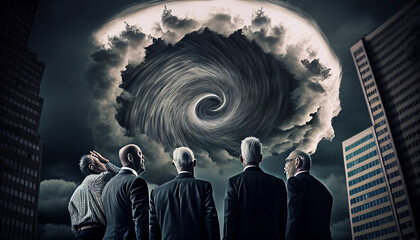 Vier Banker sehen einem anziehenden Wirbelsturm entgegen. Als Sinnbild f&uuml;r eine Aufziehende Banken- oder Finanzkrise.