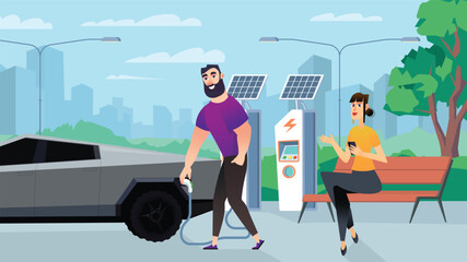 Concept Solar energy with people in the background cartoon style. Man refuels his electric car with the help of a solar battery. Vector illustration.