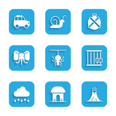 Set Spider, African hut, Volcano eruption, Animal cage, Cloud with rain, Elephant, Canteen water bottle and Car icon. Vector