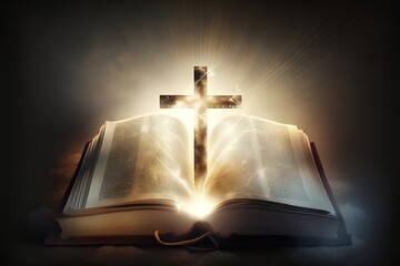 Radiant light shining upon the Bible, a comforting presence of faith. Generative AI