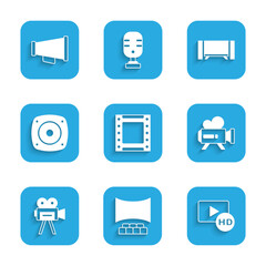 Set Play video, Cinema auditorium with screen, Hd movie, tape, frame, Retro cinema camera, Stereo speaker, Smart Tv and Megaphone icon. Vector