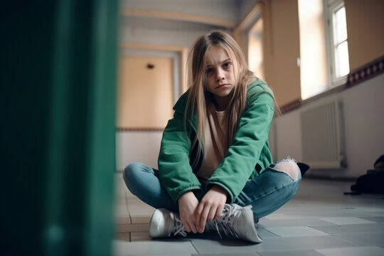 Trauriges Mädchen sitzt auf dem Boden in der Schule - Generative AI