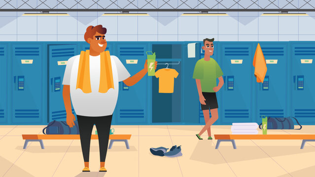 Fitness gym concept with people scene in the background cartoon design. Two mans chat after training. Vector illustration.