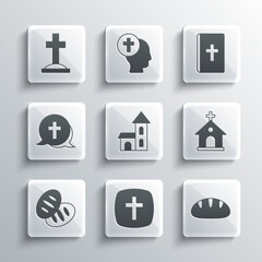 Set Christian cross, bread, Church building, Grave with and Holy bible book icon. Vector