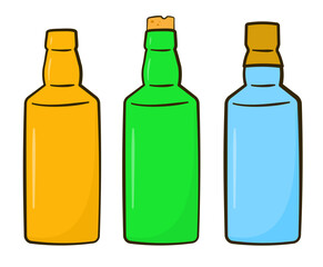 Set of bottles in different colors. Cartoon. Vector illustration. Isolated on white background