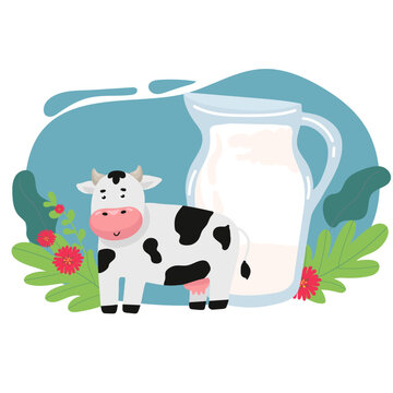 set cute milk product with cow hand drawing