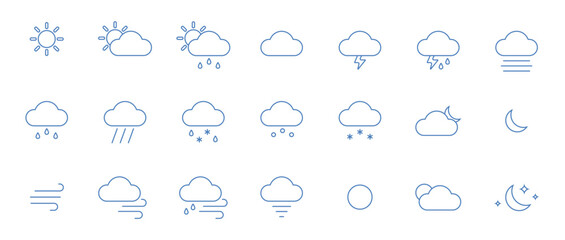 Obraz premium Set of 21 basic blue contour weather icons. Isolated vector and PNG illustration on transparent background.