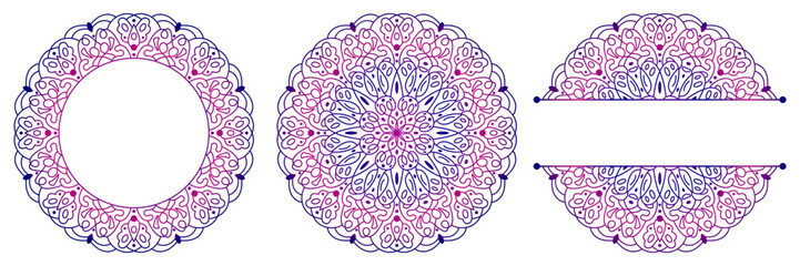 Set of flower mandalas. Split pattern in form of mandala for Henna Mehndi or tattoo decoration. Decorative ornament in ethnic oriental style, vector illustration.