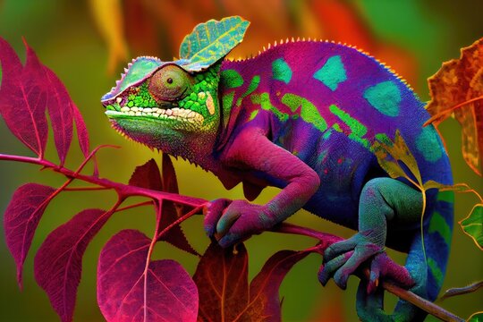 Chameleon Changing Colors To Blend In With Its Surroundings, Created With Generative Ai