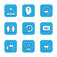 Set Work time, Search job, Productive human, Project team base, Worker, Exchange work and Employee hierarchy icon. Vector