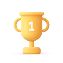 Champion trophy, gold cup. Winner prize first place, sport award, and success concept. 3d vector icon. Cartoon minimal style.