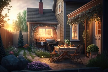 Plakat summer evening in suburban house with barbecue and patio cozy backyard, created with generative ai