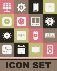 Set Music player, Electric light switch, No lightning, Mobile phone, Power button, Lightning bolt, Solar energy panel and Ampere meter, multimeter icon. Vector