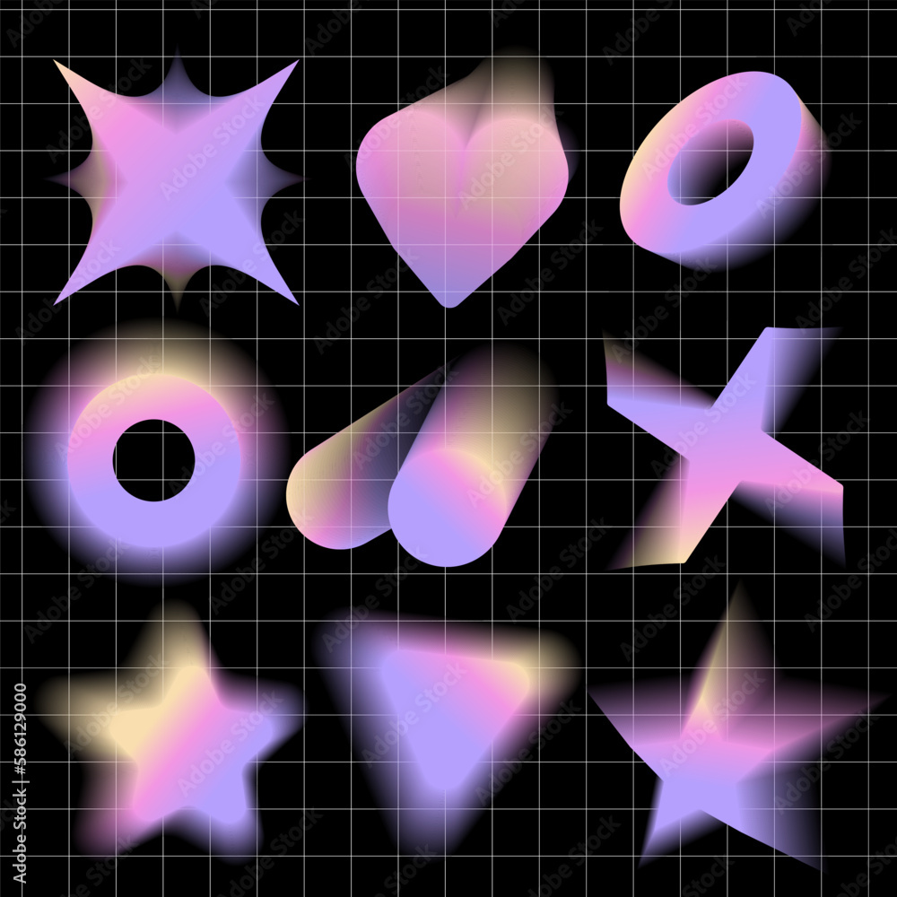 Poster abstract blurred gradient shapes set with blurry star, ring and heart aura aesthetic elements. y2k c