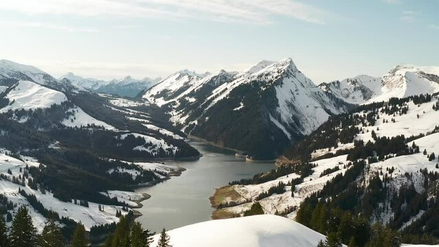 Switzerland aerial view of swiss dam Ongrin in the mountain alps 
