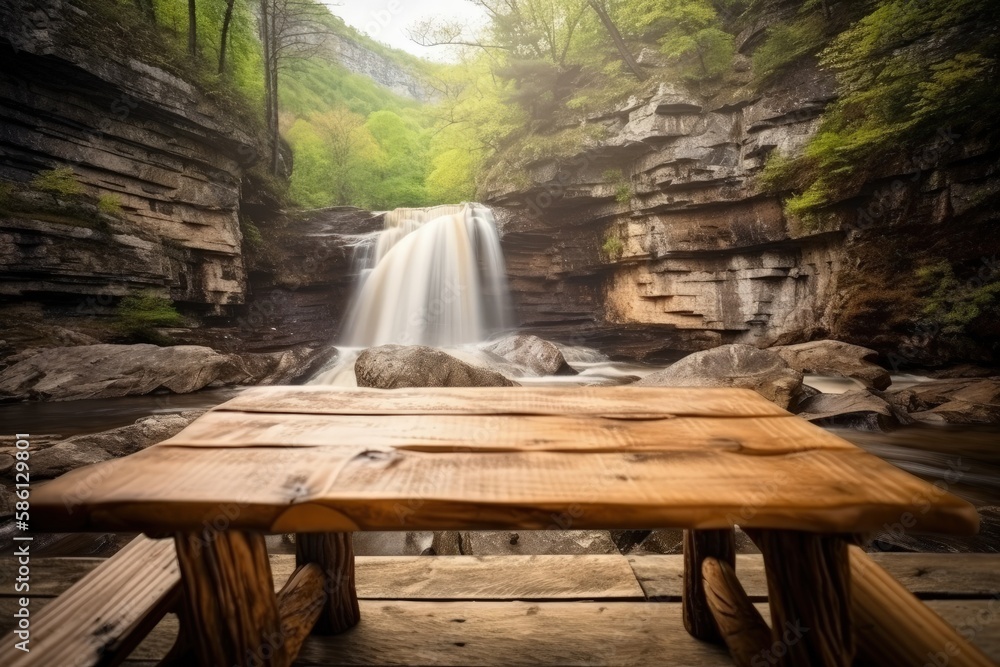 Poster wooden table with a scenic waterfall in the background created with generative ai technology