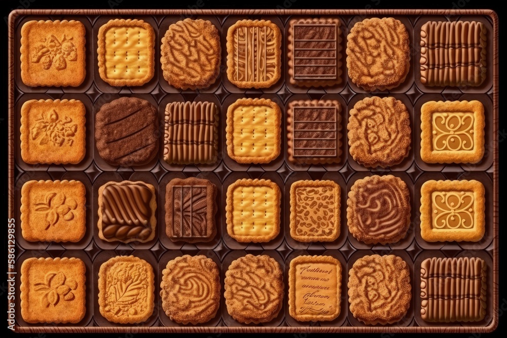 Poster variety of cookies packed in a chocolate box created with generative ai technology