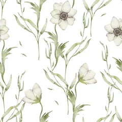 Behang A seamless watercolor pattern with floral - a composition of green leaves, branches and flowers on a white background. Perfect for wrappers, wallpapers, postcards, greeting cards, wedding invitations. © Tatiana 