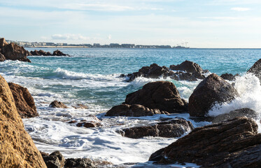 Foamy Sea Waves, Storm on Rocky Beach Texture Background, Blue Ocean Water, Rocky Shore Pattern