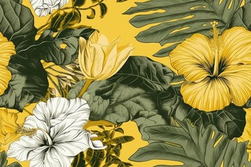 Illustration of yellow and green floral wallpaper with white and yellow flowers created with Generative AI technology