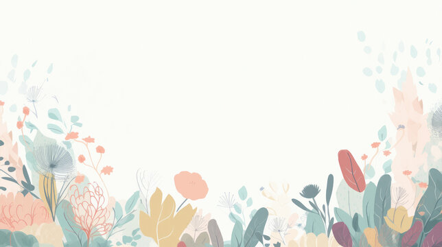 A minimalist illustration with a large empty space in the middle and a thin floral border in various colors on a plain background invitation card for wedding, birthday and other holiday