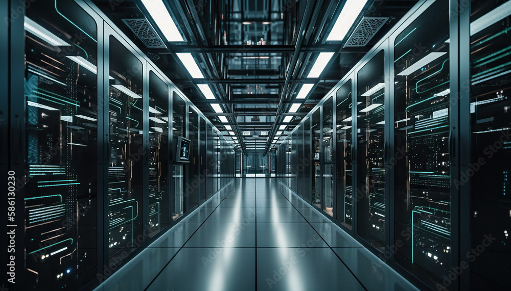 Poster server room data center. backup, mining, hosting, mainframe, farm and computer rack with storage inf