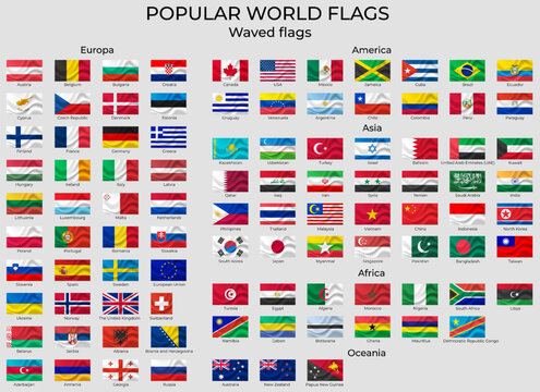 Vector waved flags of the world with official RGB coloring and detailed emblems. Popular world flags set.