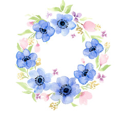 Fototapeta na wymiar Watercolor blue flower anemone wreath frame. Blue anemones botanical illustration with leaves and spring flowers. Greeting cards floral template