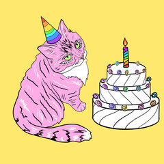 Pink cat with rainbow hat sits near a birthday cake on yellow background. Doodle cartoon illustration. - 586130672