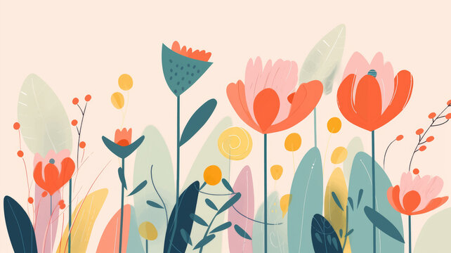 Colorful quirky Easter flowers minimalist illustration. spring flowers background. 
