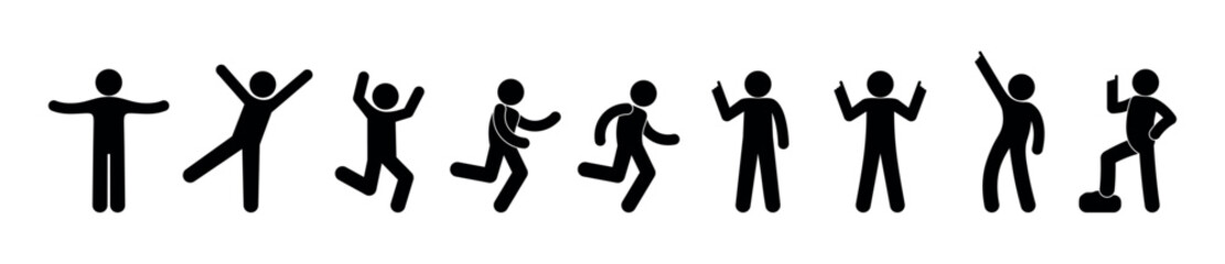 Fototapeta premium stick figure man icon, people stand, various poses, set of human silhouettes